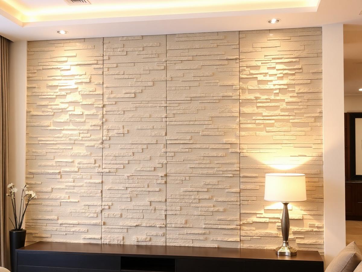 Wohnzimmer mit kreativ gestalteter Wand in Steinoptik